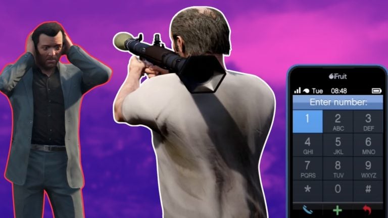 GTA 5's Trevor pointing an RPG at Michael with a cheat code cell phone entry in the corner.